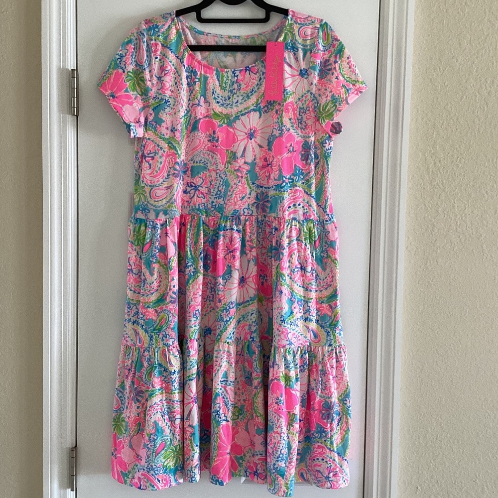 Lilly Pulitzer Geanna Short Sleeve Tiered Swing Dress Multi🦩Flock Full Of Fun🦩